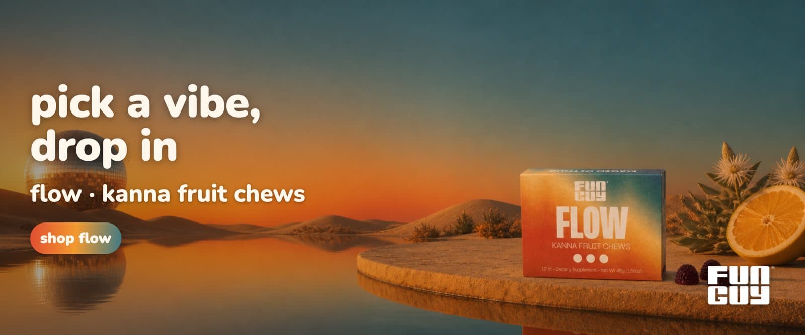 Flow web hero banner: the box on a sandstone ledge by a desert lake
