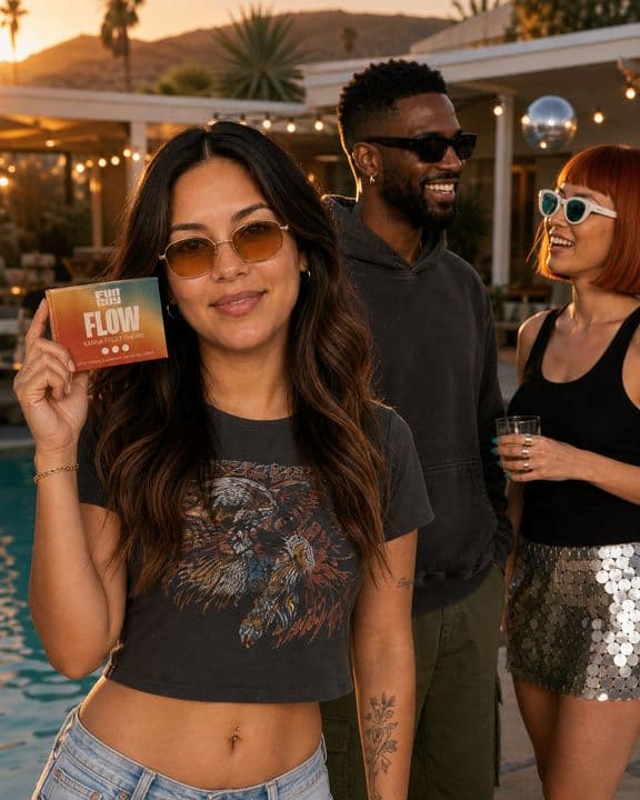 Pool direction: Dani holds the Flow box at a poolside party with Marcus and Suki