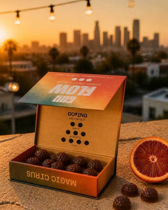Rooftop direction: the Flow box open on a ledge at sunset over the Los Angeles skyline