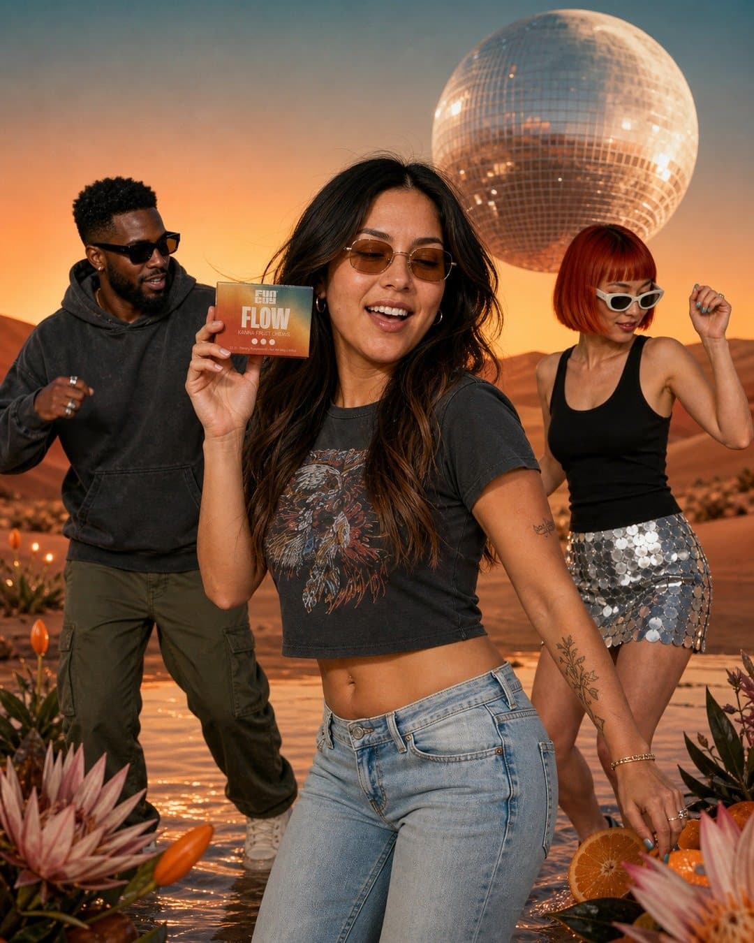 Dani dancing on the dunes with Marcus and Suki, holding the Flow box