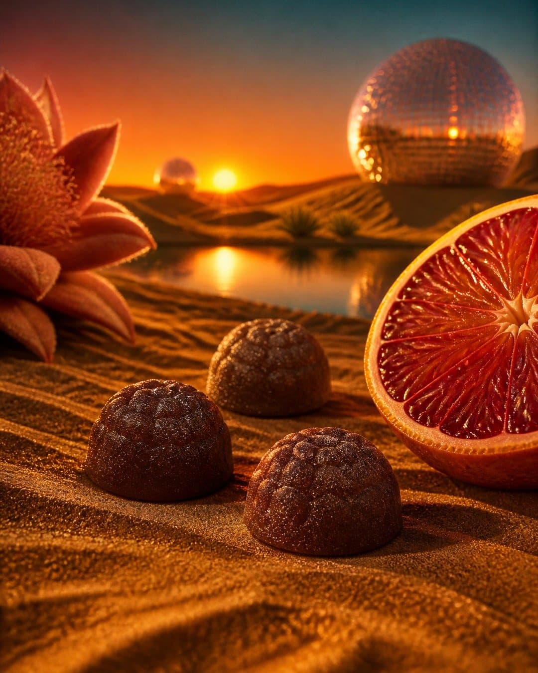 Flow kanna fruit chews on sand beside a halved blood orange at sunset