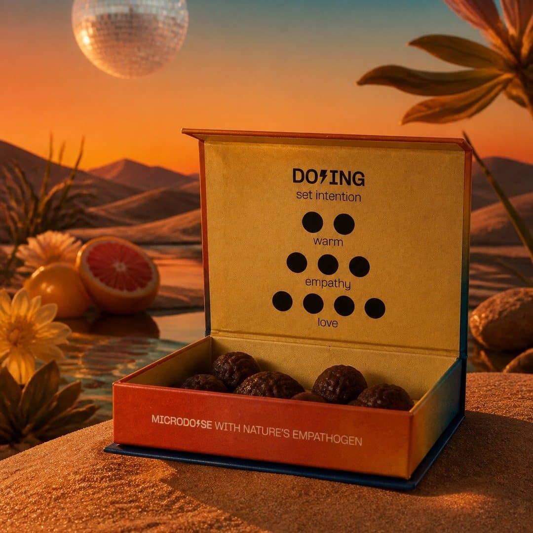 Open Flow box on a dune, showing the chews and its dosing guide