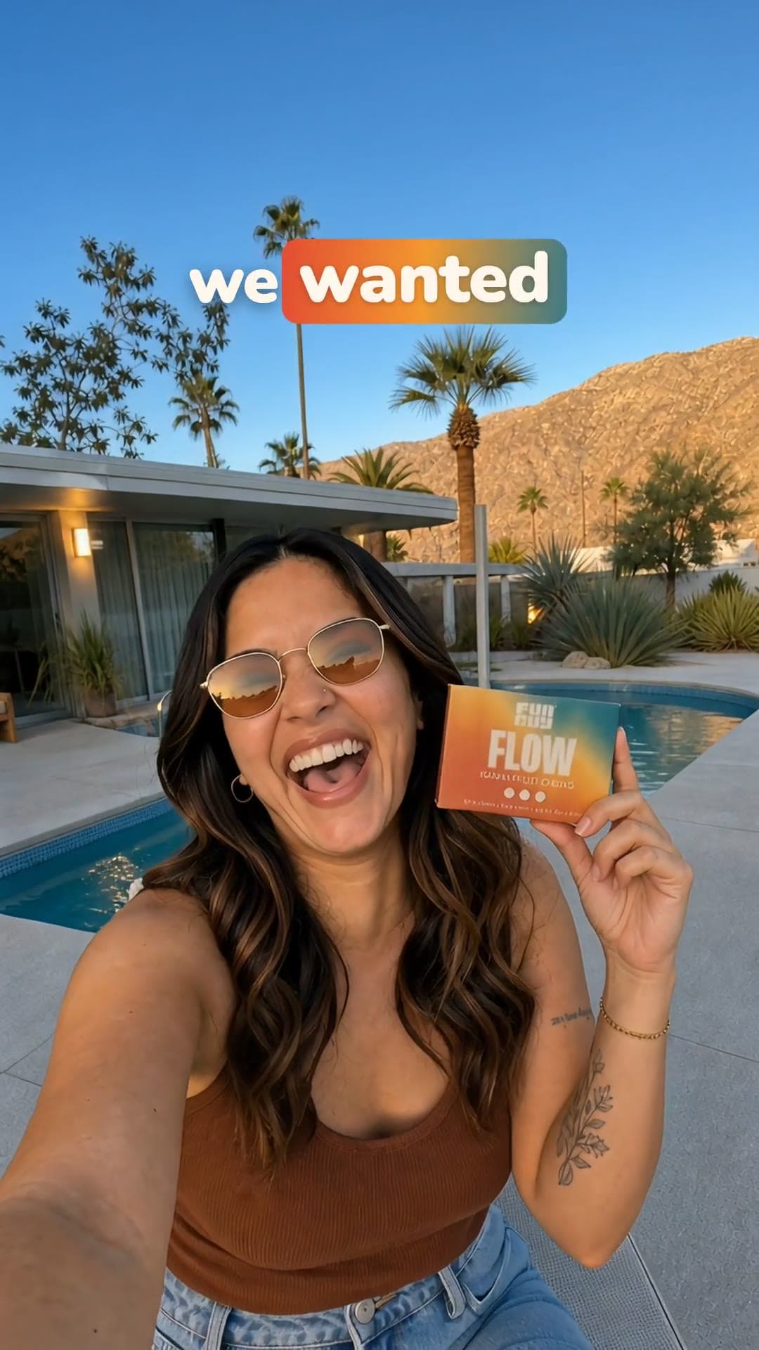 UGC ad: a creator by a pool shows the Flow box to camera